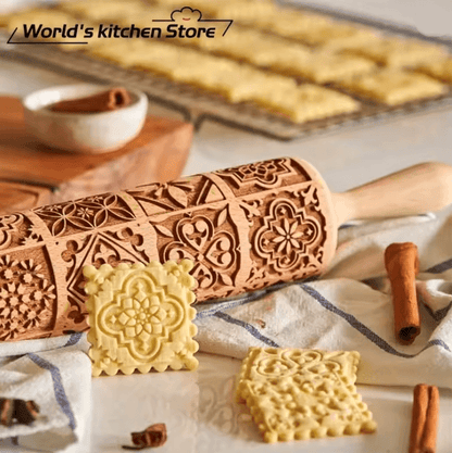 FrostCraft Christmas Embossed Wooden Rolling Pin for Holiday Cookie Designs