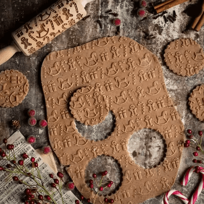 FrostCraft Christmas Embossed Wooden Rolling Pin for Holiday Cookie Designs