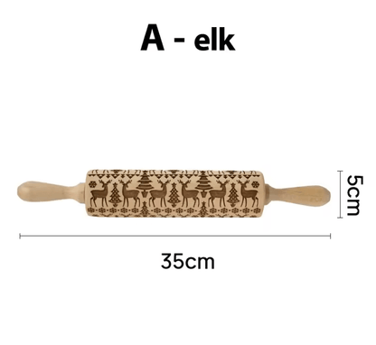 FrostCraft Christmas Embossed Wooden Rolling Pin for Holiday Cookie Designs