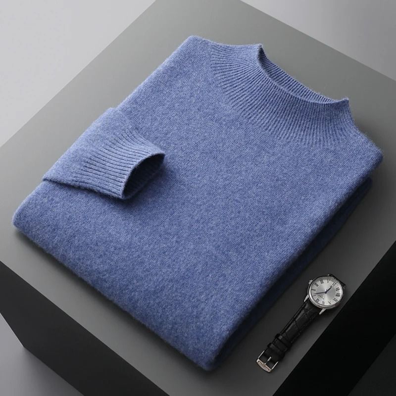 Men Casual Wool Sweater with Semi High Neck for Fall and Winter