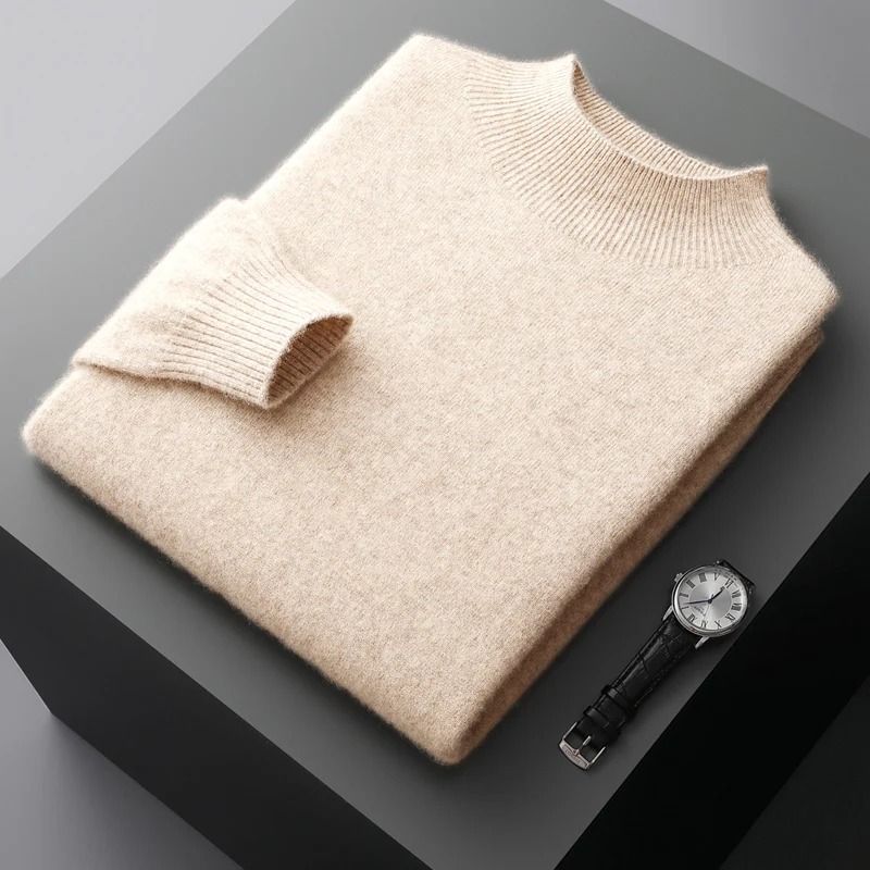 Men Casual Wool Sweater with Semi High Neck for Fall and Winter