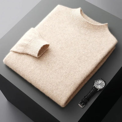 Men Casual Wool Sweater with Semi High Neck for Fall and Winter