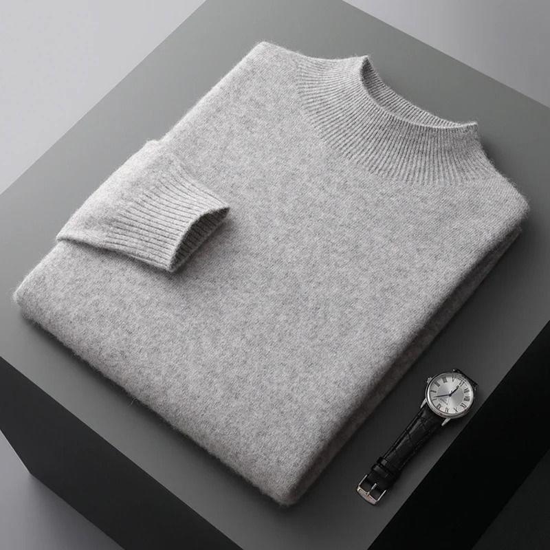 Men Casual Wool Sweater with Semi High Neck for Fall and Winter