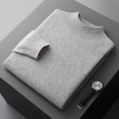 Men Casual Wool Sweater with Semi High Neck for Fall and Winter
