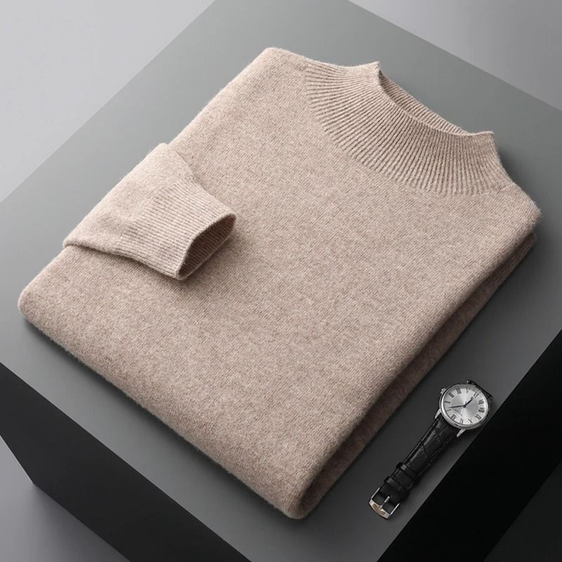 Men Casual Wool Sweater with Semi High Neck for Fall and Winter