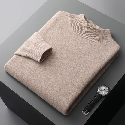 Men Casual Wool Sweater with Semi High Neck for Fall and Winter