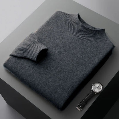 Men Casual Wool Sweater with Semi High Neck for Fall and Winter