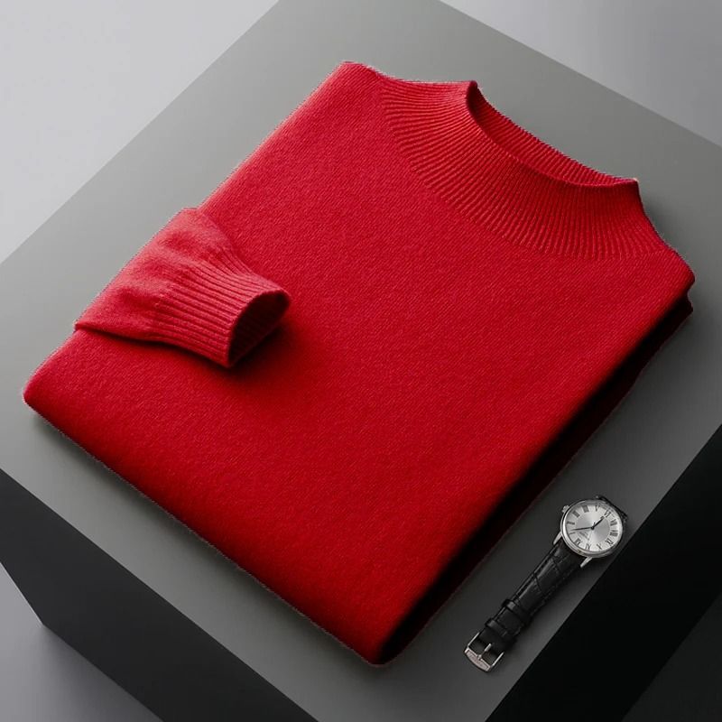 Men Casual Wool Sweater with Semi High Neck for Fall and Winter