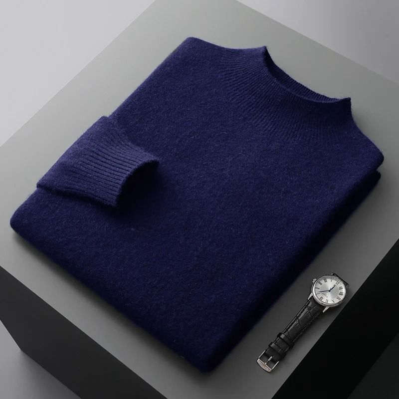 Men Casual Wool Sweater with Semi High Neck for Fall and Winter