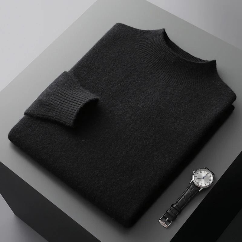 Men Casual Wool Sweater with Semi High Neck for Fall and Winter