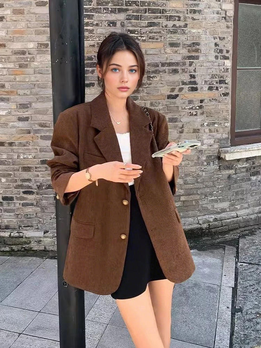 Vintage Corduroy Blazer for Women, Autumn Fashion Coat, Single Breasted, Loose Fit, Solid Color, Casual Blazer Clothing