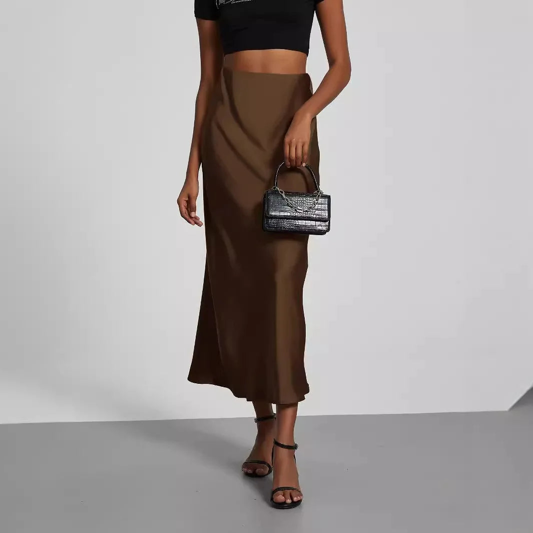 Elegant Womens Midi Skirt, Satin Texture, Versatile Solid Color, Style Fashion
