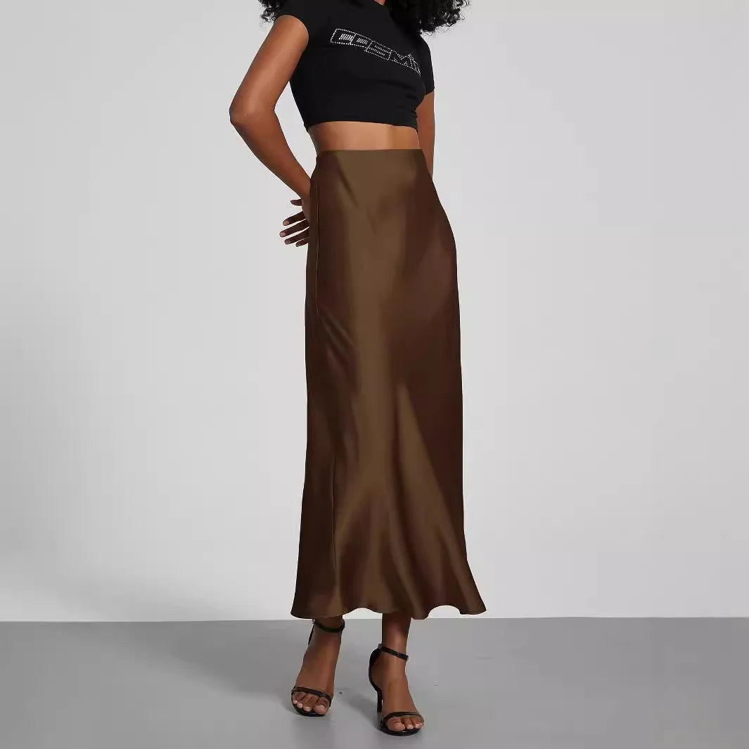 Elegant Womens Midi Skirt, Satin Texture, Versatile Solid Color, Style Fashion