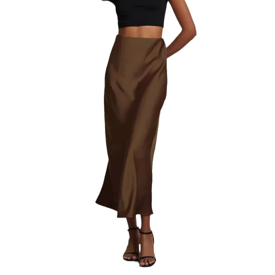 Elegant Womens Midi Skirt, Satin Texture, Versatile Solid Color, Style Fashion
