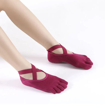 Comfortable Women Breathable Yoga Socks, Five Toe Silicone Non-Slip Bandage Pilates Socks for Ballet, Fitness, and Home