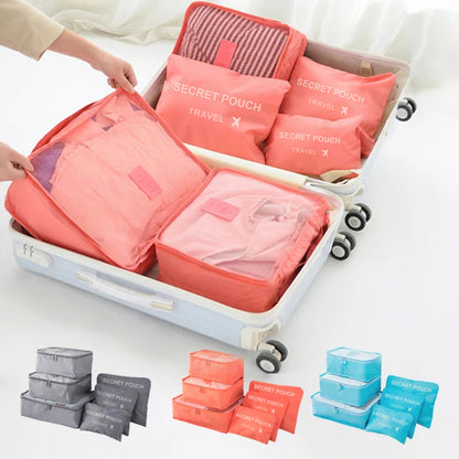 Waterproof Luggage Clothing Bag With Zipper, 6 Pcs Set Travel Storage Bag, Large Capacity Pink Blue Grey Organizer