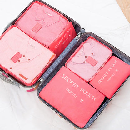 Waterproof Luggage Clothing Bag With Zipper, 6 Pcs Set Travel Storage Bag, Large Capacity Pink Blue Grey Organizer