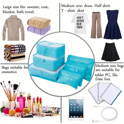 Waterproof Luggage Clothing Bag With Zipper, 6 Pcs Set Travel Storage Bag, Large Capacity Pink Blue Grey Organizer