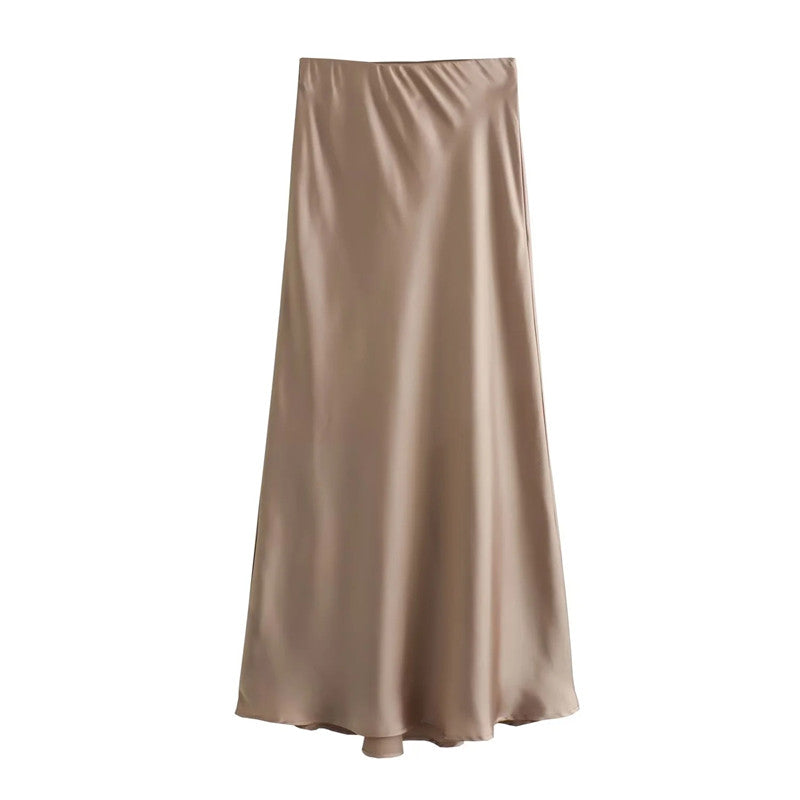Elegant 2025 High Waist Satin Skirt for Women, Long Midi Skirt, Office Wear, Summer Black Skirt