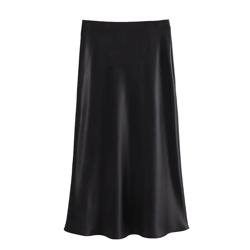 Elegant 2025 High Waist Satin Skirt for Women, Long Midi Skirt, Office Wear, Summer Black Skirt