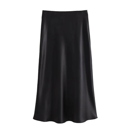 Elegant 2025 High Waist Satin Skirt for Women, Long Midi Skirt, Office Wear, Summer Black Skirt