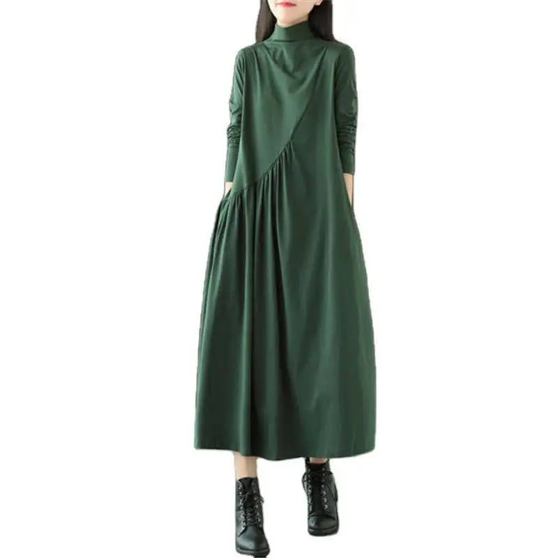 Vintage Artistic Dress for Women, Loose Fit Polo Neck, Medium Length Slimming Skirt, Stylish Age Reducing Spring Fashion