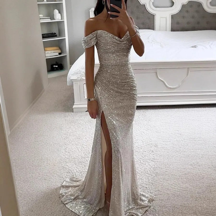 Women's One Shoulder Maxi Dress, Casual Chic Party Wear, Sexy Slit, Regular Waistline, No Sleeve