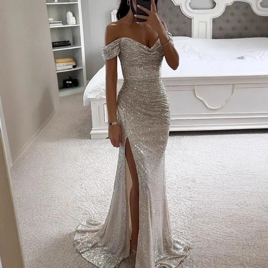 Women's One Shoulder Maxi Dress, Casual Chic Party Wear, Sexy Slit, Regular Waistline, No Sleeve