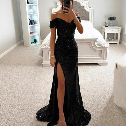Women's One Shoulder Maxi Dress, Casual Chic Party Wear, Sexy Slit, Regular Waistline, No Sleeve