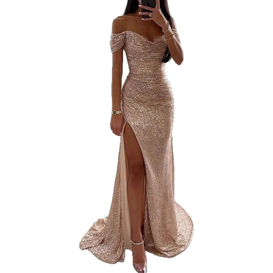 Women's One Shoulder Maxi Dress, Casual Chic Party Wear, Sexy Slit, Regular Waistline, No Sleeve