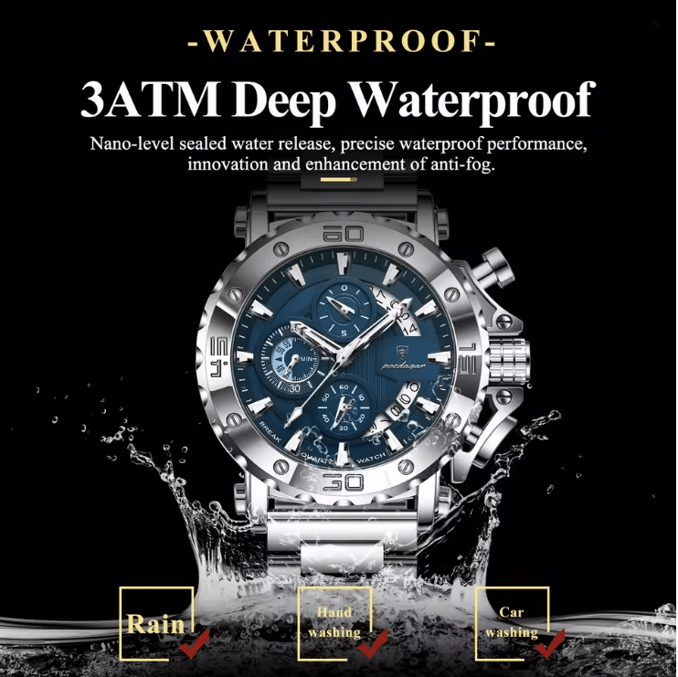 Poedagar Luxury Chronograph Watch for Men Stainless Steel Waterproof Design