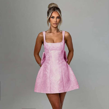 Women's Dress, Spring Summer Spaghetti Strap, Jacquard Waist Wrap A Line, Bow Detail, Nightclub Sexy Party