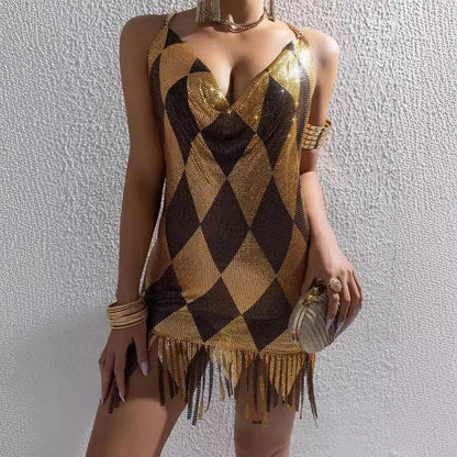 Sexy Summer Dress, Women's Sleeveless Mini Skirt, with Metal Splice and V Neck Backless Fashion
