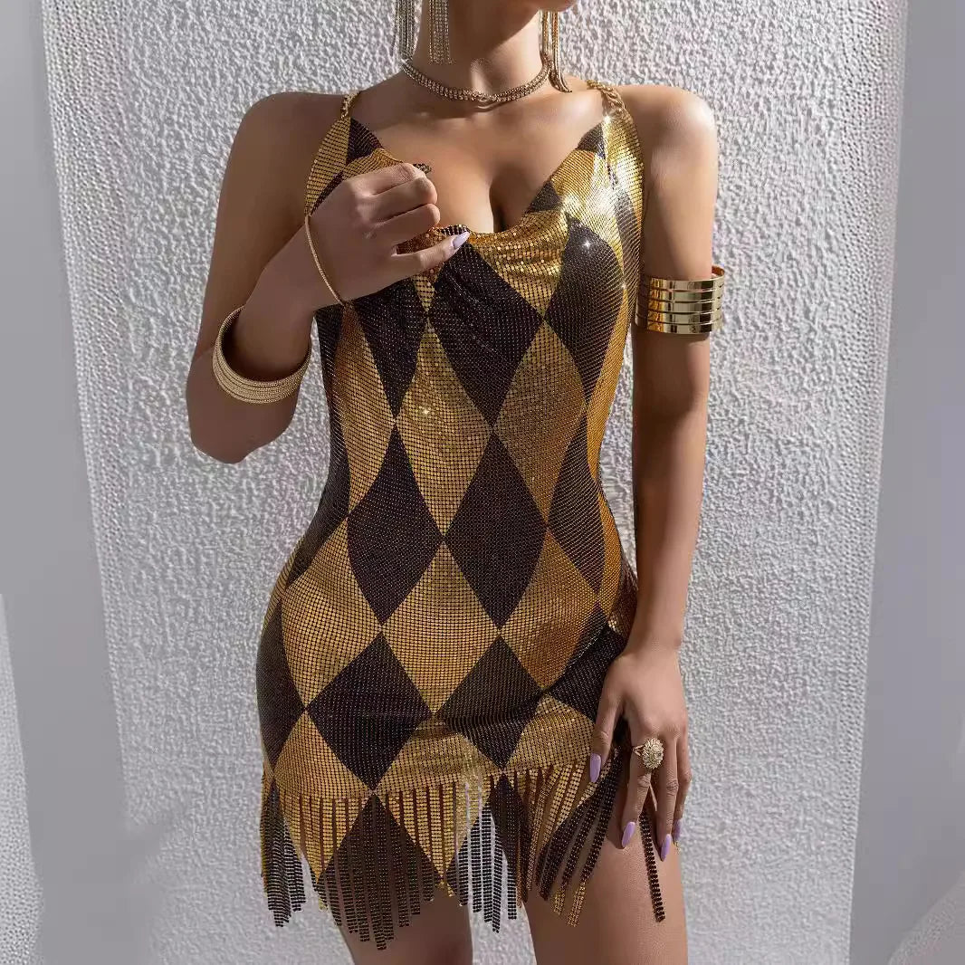 Sexy Summer Dress, Women's Sleeveless Mini Skirt, with Metal Splice and V Neck Backless Fashion