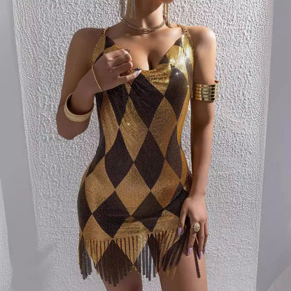 Sexy Summer Dress, Women's Sleeveless Mini Skirt, with Metal Splice and V Neck Backless Fashion