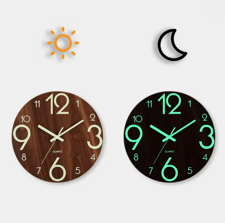 LumiWood 12 Inch Silent Luminous Wall Clock with Night Light and Nordic Design