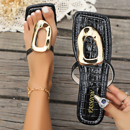 Luxury Women Flat Sandals, Metal Decorate Fashion Slippers, Summer Beach Slides, Outdoor Female Flip Flops