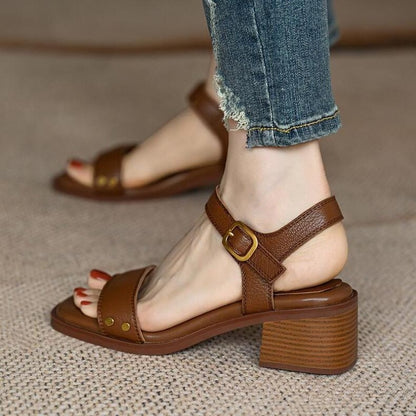 Vintage Brown Women Sandals, Soft Leather, Thick Heel, Cross Strap, Summer Mary Jane High Heels