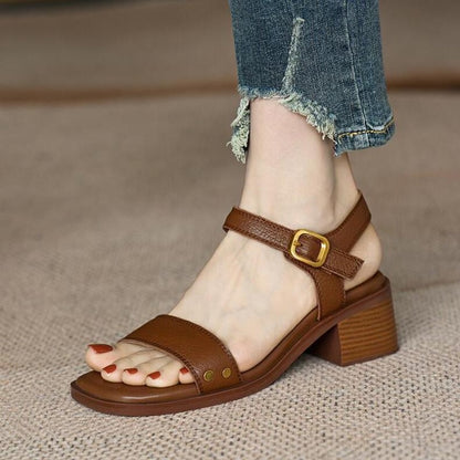 Vintage Brown Women Sandals, Soft Leather, Thick Heel, Cross Strap, Summer Mary Jane High Heels