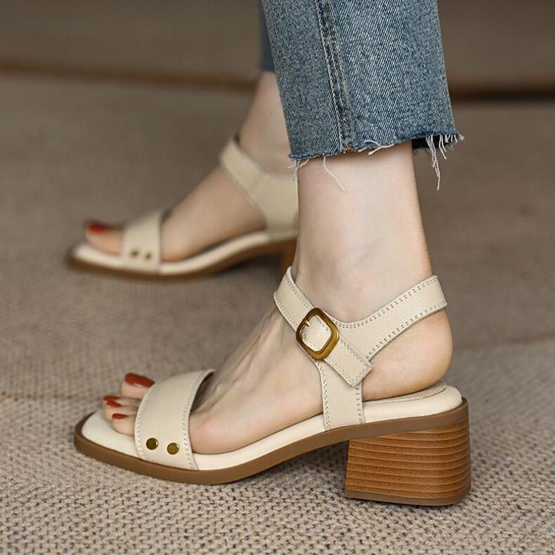 Vintage Brown Women Sandals, Soft Leather, Thick Heel, Cross Strap, Summer Mary Jane High Heels