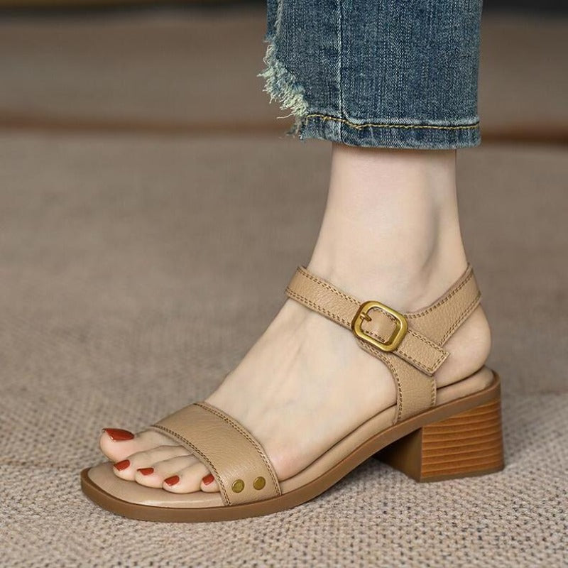 Vintage Brown Women Sandals, Soft Leather, Thick Heel, Cross Strap, Summer Mary Jane High Heels