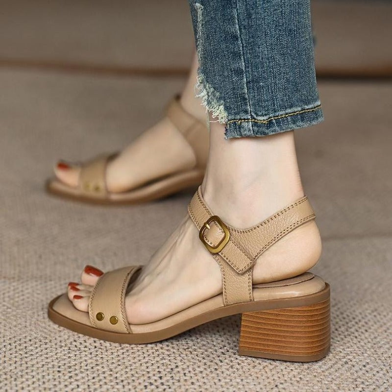 Vintage Brown Women Sandals, Soft Leather, Thick Heel, Cross Strap, Summer Mary Jane High Heels