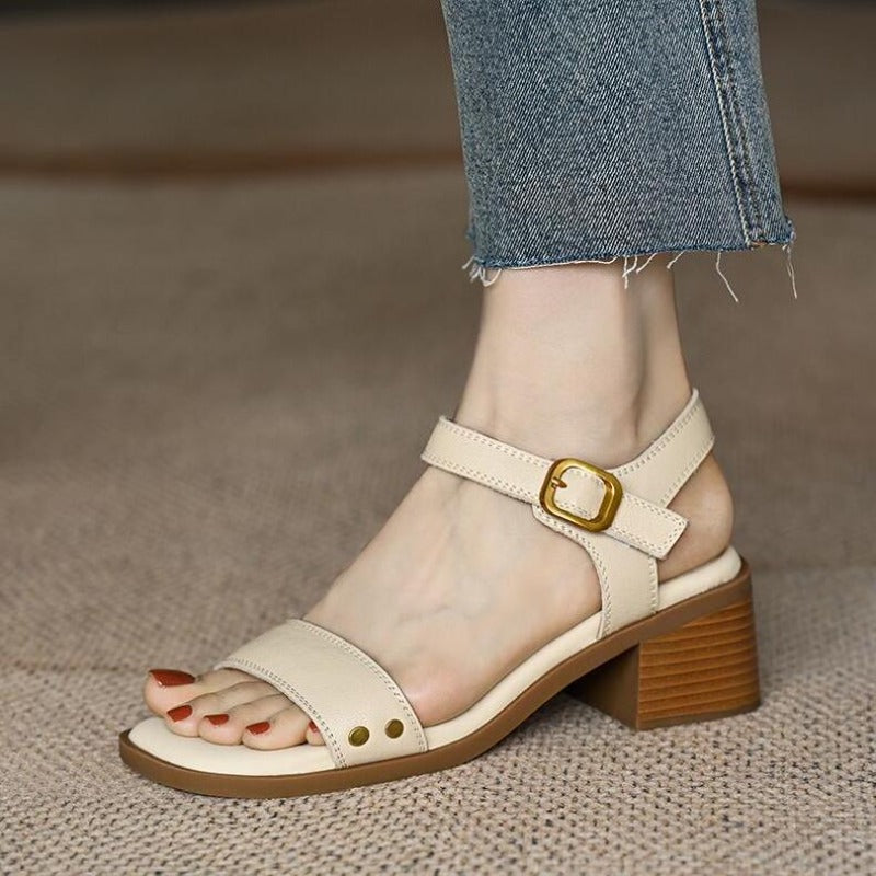 Vintage Brown Women Sandals, Soft Leather, Thick Heel, Cross Strap, Summer Mary Jane High Heels