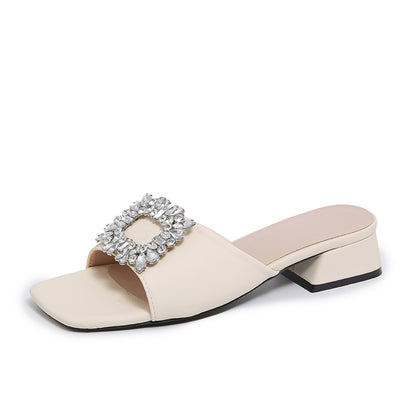 Luxury Summer Women Sandals, Rhinestone Square Top Slippers, Fashion Light Comfort High Heel Flat Shoes