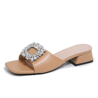 Luxury Summer Women Sandals, Rhinestone Square Top Slippers, Fashion Light Comfort High Heel Flat Shoes