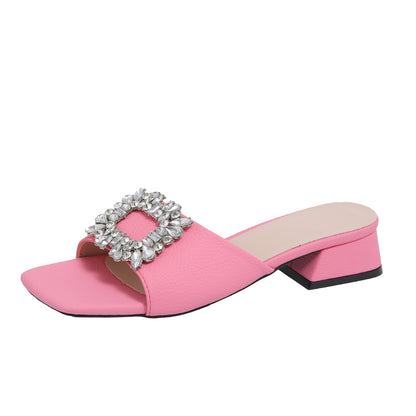 Luxury Summer Women Sandals, Rhinestone Square Top Slippers, Fashion Light Comfort High Heel Flat Shoes