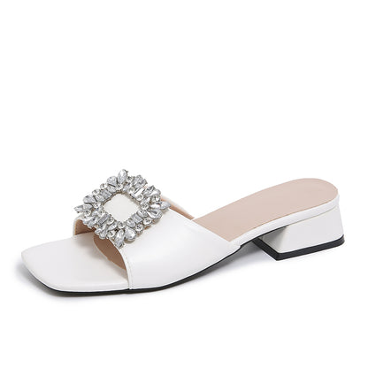 Luxury Summer Women Sandals, Rhinestone Square Top Slippers, Fashion Light Comfort High Heel Flat Shoes
