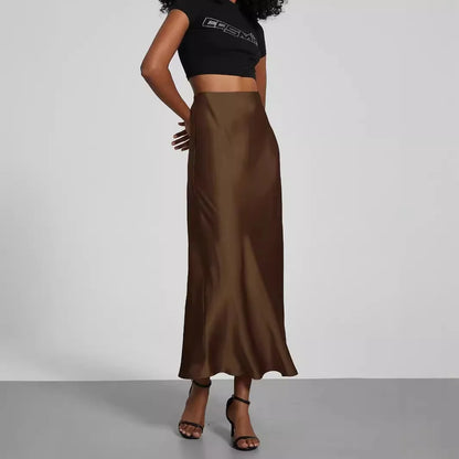 Elegant Satin Midi Skirt, Versatile Solid Color Long Dress, European Style with Bright Light Sensation