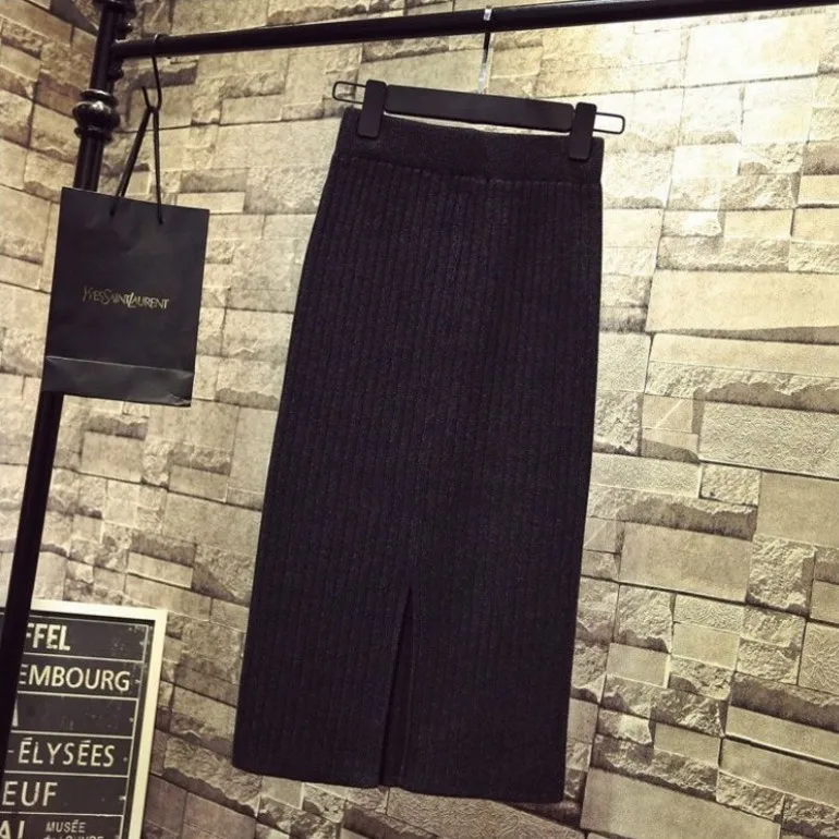 Autumn Winter Knit Dress, Medium Length High Waisted Bodycon Skirt, with Fashion Side Slit, Thickened Yarn
