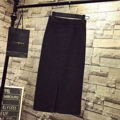 Autumn Winter Knit Dress, Medium Length High Waisted Bodycon Skirt, with Fashion Side Slit, Thickened Yarn